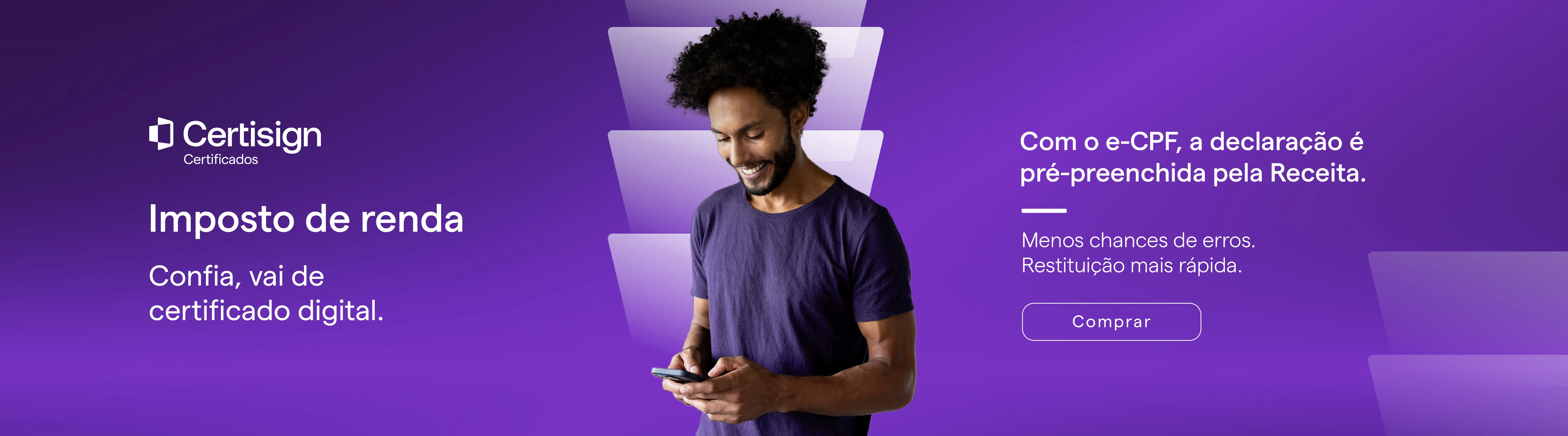 Como declarar Imposto de Renda com certificado digital | Imagem de um homem negro comprando pelo celular num banner de e-commerce | Certificação Digital | Blog da Certisign