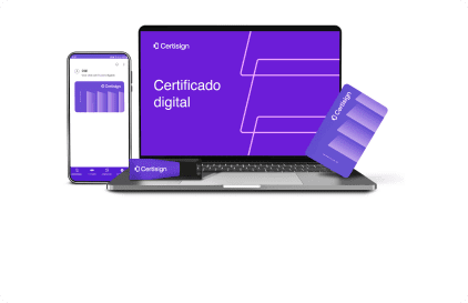 Imagem de um notebook, um celular, um pendrive e um cartão com chip com a logo da Certisign e escrito o nome do produto Certificado Digital | Certificação Digital | Certisign