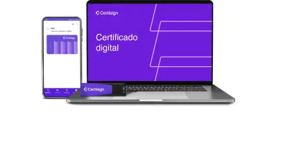 Imagem de um notebook, um celular, um pendrive e um cartão com chip com a logo da Certisign e escrito o nome do produto Certificado Digital | Certificação Digital | Certisign