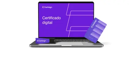 Imagem de um notebook, um celular, um pendrive e um cartão com chip com a logo da Certisign e escrito o nome do produto Certificado Digital | Certificação Digital | Certisign