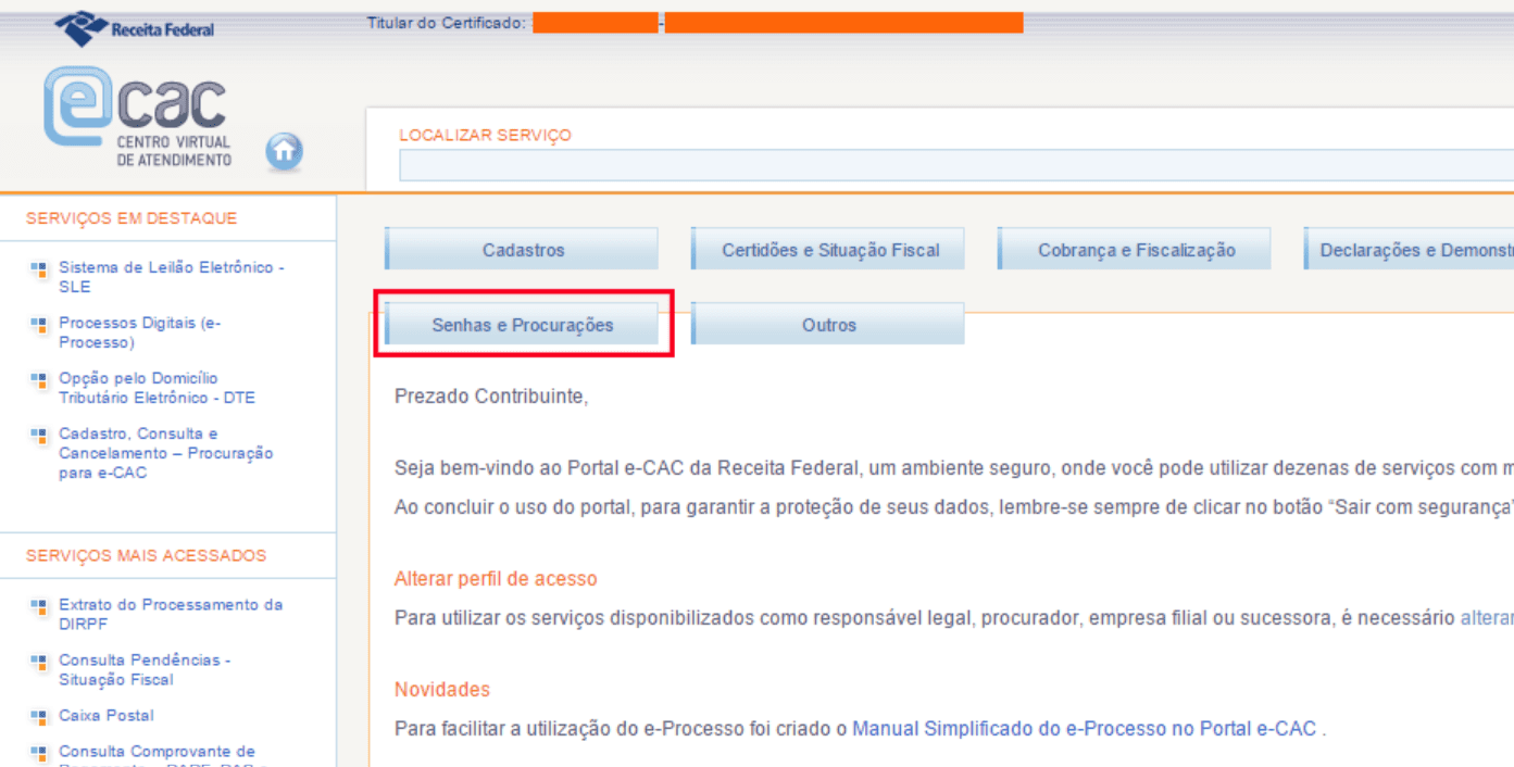 Procuração Eletrônica | Foto do site do e-CAC com Certificado Digital | Certificado Digital | Blog da Certisign