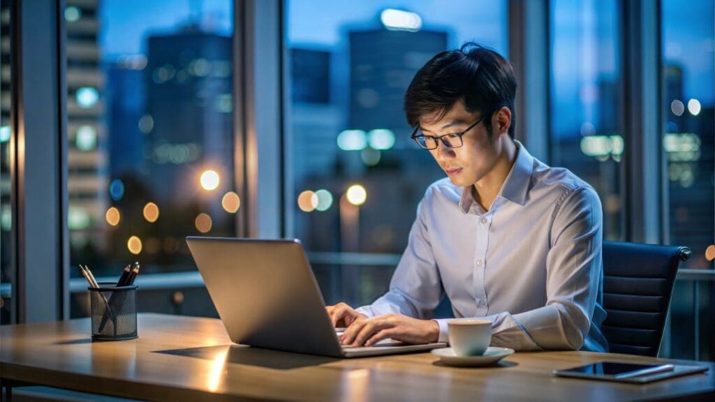 Homem asiático de óculos mexendo no notebook em escritório 